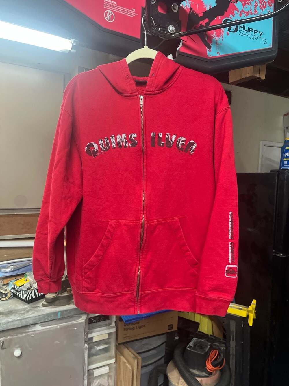 Vintage Quiksilver Red Full Zip Spellout Hoodie Size Medium